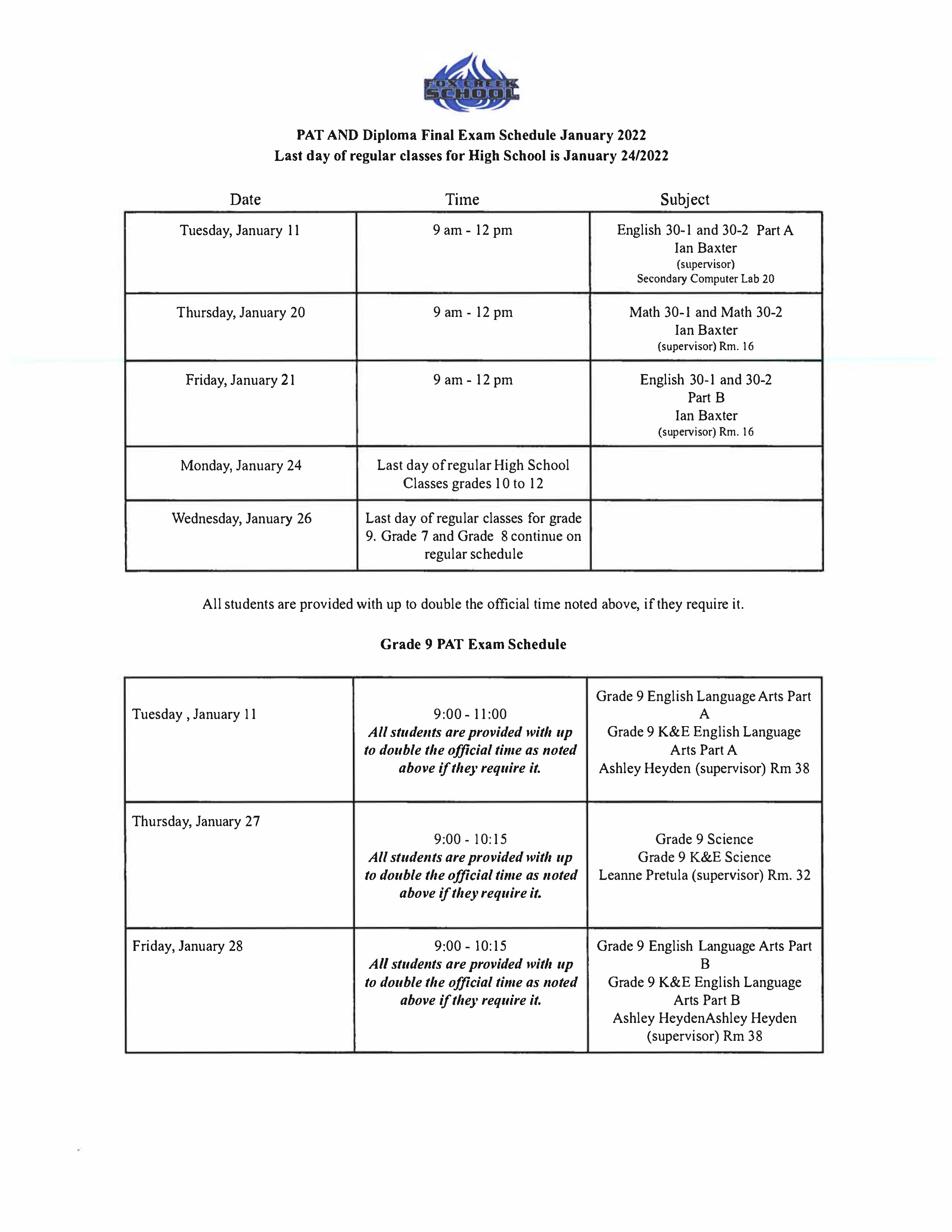 PAT and Diploma Final Exam Schedule January 2022 Fox Creek School